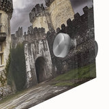 Close-up of an acrylic glass artwork depicting a majestic castle surrounded by lush landscapes, showcasing vibrant colors and intricate details, perfect for home decor.