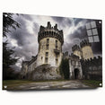 Acrylic glass artwork showcasing a detailed landscape of a castle, viewed from the side with decorative pins. Ideal for enhancing home decor with a touch of elegance.