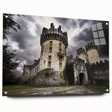 Acrylic glass artwork showcasing a detailed landscape of a castle, viewed from the side with decorative pins. Ideal for enhancing home decor with a touch of elegance.