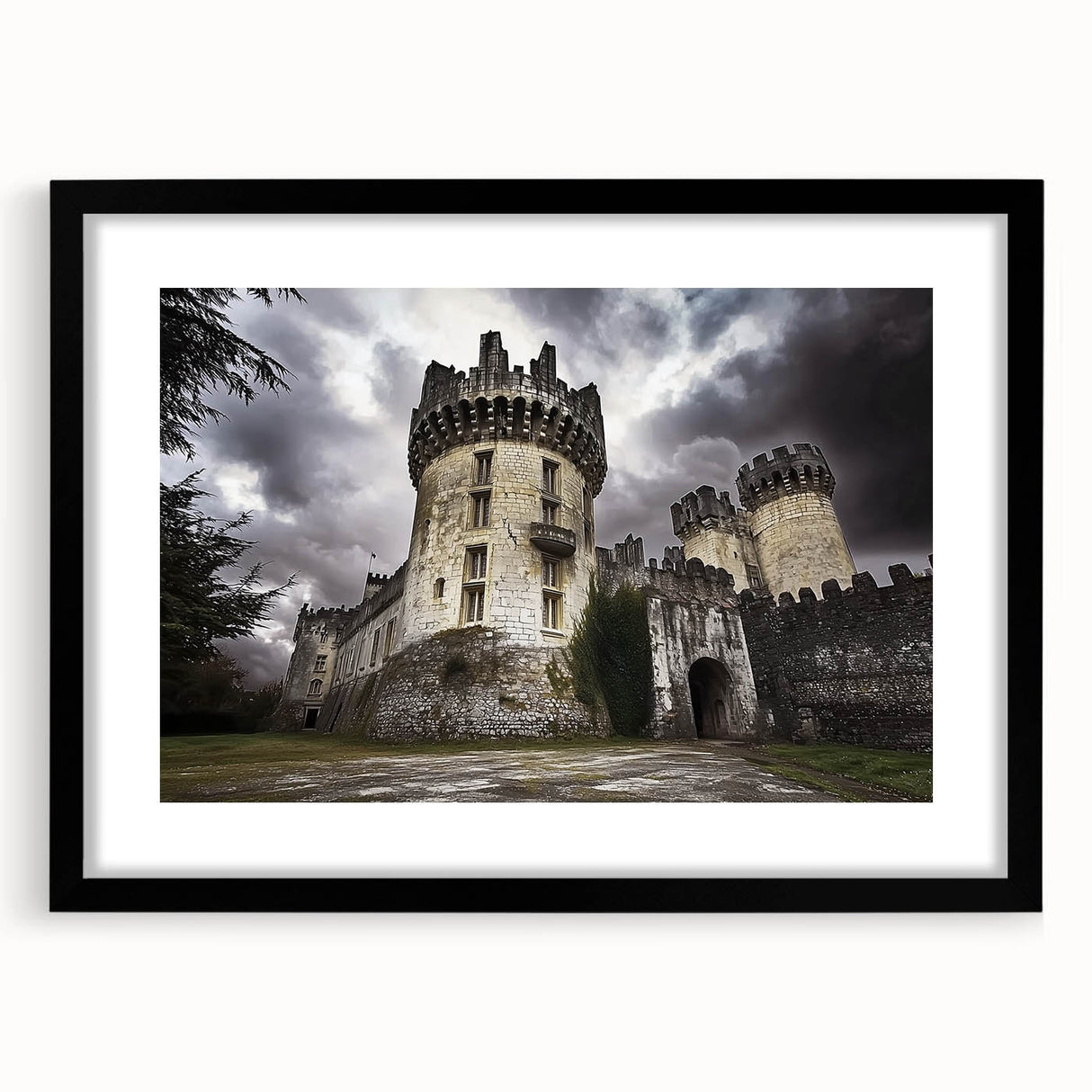 Black-framed landscape artwork featuring a majestic castle surrounded by lush greenery, designed with a mat for a polished presentation. Ideal for home decor.