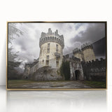 Framed acrylic artwork showcasing a vibrant landscape with a majestic castle, set against a stunning sunset, featuring gold accents that enhance its elegance.