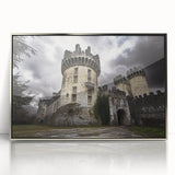 Framed acrylic artwork depicting a stunning castle landscape with vibrant colors, showcasing intricate details and a sleek silver frame, perfect for home decor.