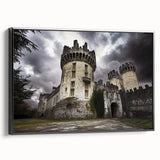 Framed canvas showcasing a majestic castle landscape, featuring vibrant colors and intricate details, presented in a sleek black frame, ideal for home decor.