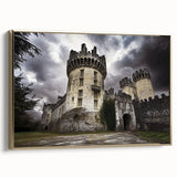 Framed canvas artwork showcasing a picturesque landscape with a castle, set against a golden background, ideal for enhancing home decor and art collections.