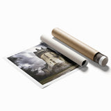 Rolled print showcasing a scenic landscape with a majestic castle, featuring vibrant colors and intricate details, packaged securely in a protective tube for delivery.