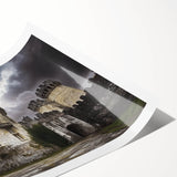 Scenic rolled print showcasing a vibrant landscape with a majestic castle amid lush greenery, elegantly packaged in a protective cardboard tube for easy display.