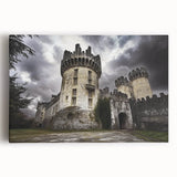 Stretched canvas artwork depicting a majestic landscape with a castle set against a vibrant sunset, showcasing rich colors and intricate details, perfect for home decor.