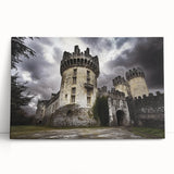Stretched canvas artwork showcasing a picturesque landscape with a majestic castle, featuring vibrant colors and intricate details, perfect for home decor.