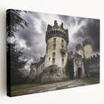 Stretched canvas showcasing a detailed landscape of a majestic castle surrounded by lush greenery, designed for home decor, emphasizing artistic elegance and tranquility.