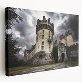 Stretched canvas showcasing a detailed landscape of a majestic castle surrounded by lush greenery, designed for home decor, emphasizing artistic elegance and tranquility.