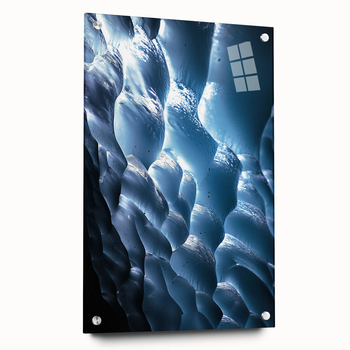Acrylic glass artwork displaying a vibrant cave landscape design, featuring colorful details and textures, secured with visible pins for a contemporary look.