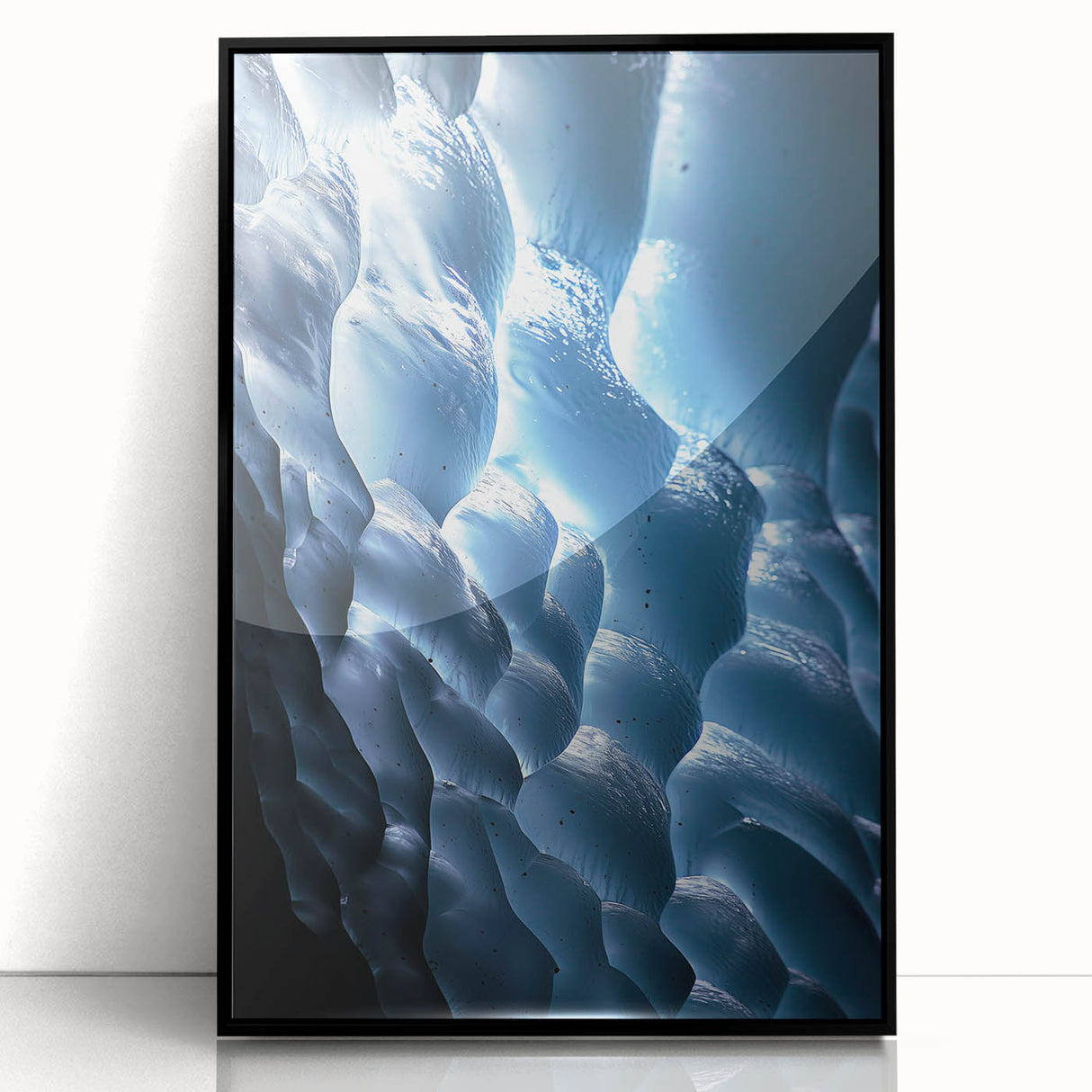 Framed acrylic artwork showcasing a stunning landscape of caves with intricate details, presented in a sleek black frame, perfect for modern home decor.