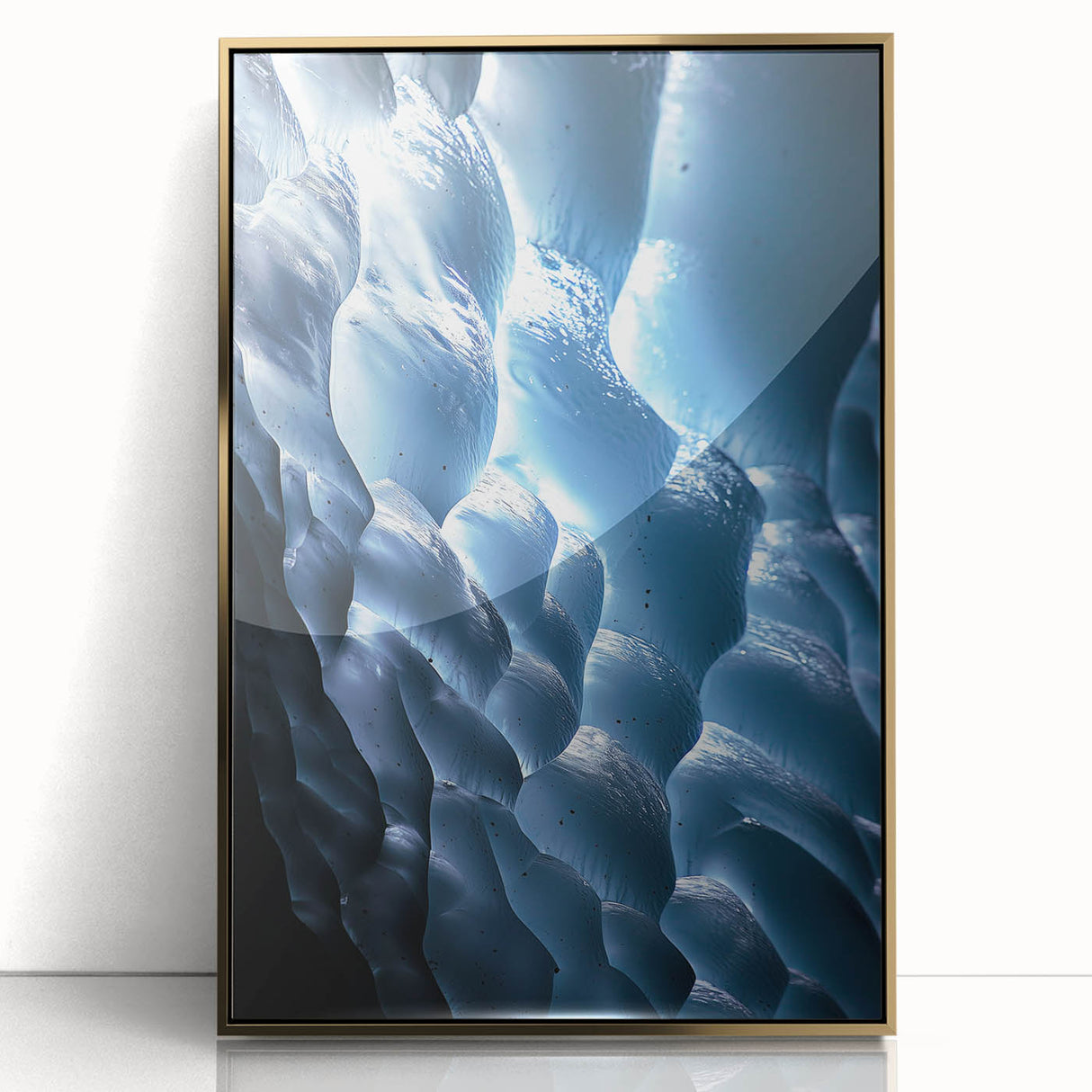 Framed acrylic artwork showcasing a stunning cave landscape with gold accents, ideal for modern home decor. The piece features vivid colors and intricate details, enhancing any interior space.