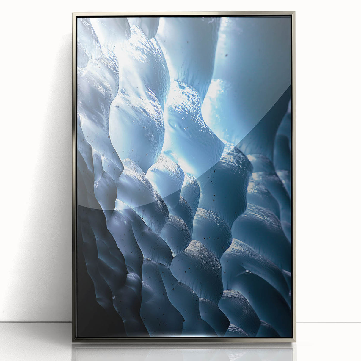 Framed acrylic artwork showcasing a stunning cave landscape with silver accents, perfect for modern home decor. Ideal for nature lovers and art enthusiasts.