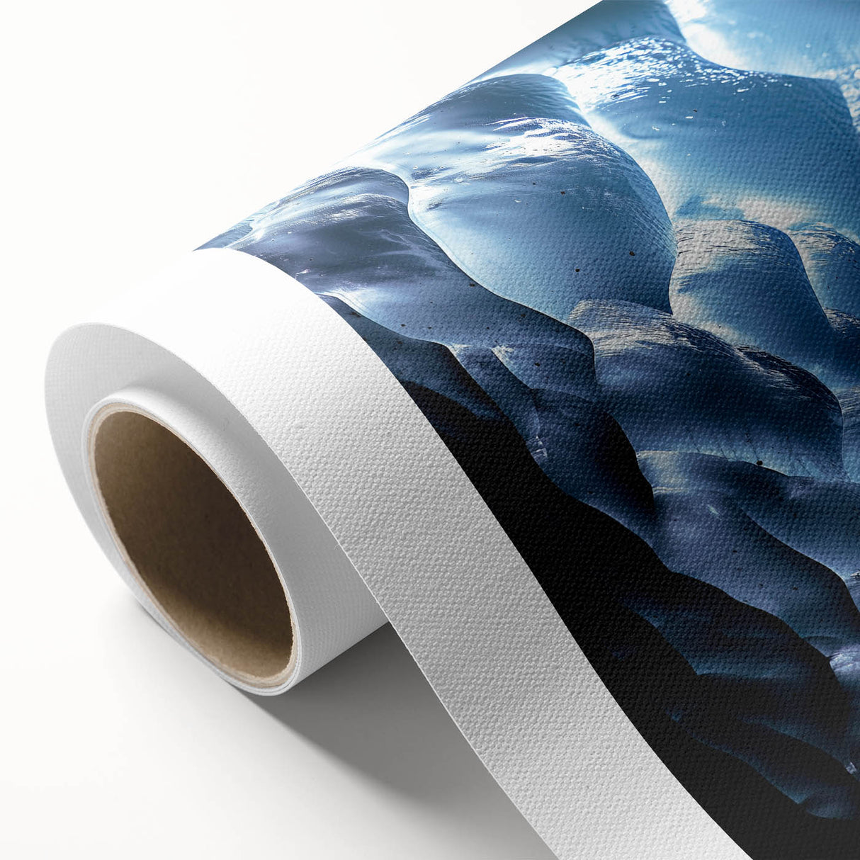 Rolled canvas artwork showcasing a serene landscape with intricate cave formations, featuring earthy tones of brown and green, perfect for home decor.