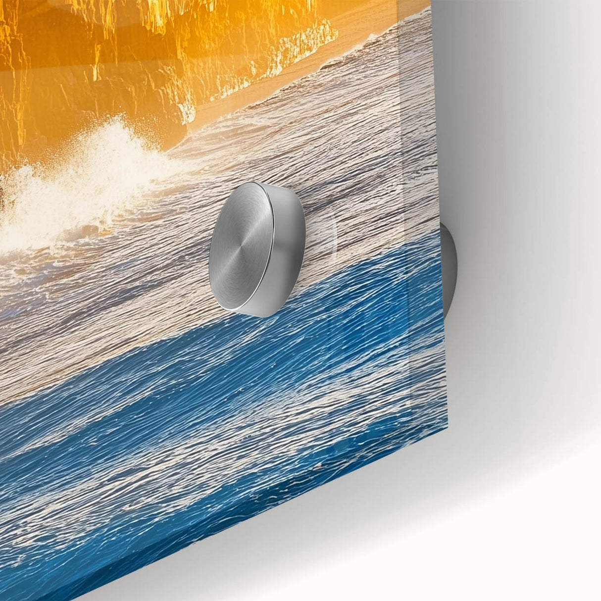 Close-up of an acrylic glass artwork depicting vibrant landscapes with dramatic cliffs, showcasing intricate details and rich colors, perfect for modern decor.
