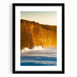 Framed black landscape art print showcasing dramatic cliffs against a serene sky, enhanced with a white mat for added elegance, perfect for modern decor.