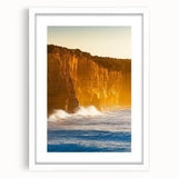 Framed landscape artwork depicting dramatic cliffs and a serene sky, featuring a white mat that enhances the visual appeal, ideal for home decor.