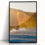 Framed acrylic artwork of a stunning cliff landscape with vibrant colors, showcasing intricate details and a sleek black frame, ideal for modern decor.