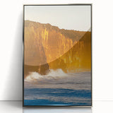 Framed acrylic artwork showcasing a stunning landscape of majestic cliffs, featuring vibrant colors and intricate details, perfect for enhancing modern home decor.