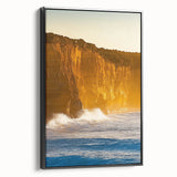 Framed canvas artwork depicting a stunning landscape of rugged cliffs, showcasing vibrant colors and intricate details; features a sleek black frame for a modern look.