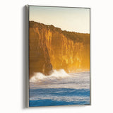 Framed canvas print showcasing a stunning landscape of cliffs in muted colors, accented with a sleek silver frame, ideal for modern home decor.