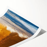 Stunning landscape print showcasing dramatic cliffs against a vibrant sunset sky, rolled and securely packaged in a protective tube for easy shipping.