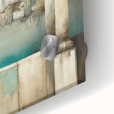 Close-up of abstract architecture wall art design, showcasing vibrant colors and geometric patterns on acrylic glass, perfect for modern home decor.