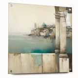 Abstract architectural wall art design displayed in a side view, featuring vibrant colors and sleek lines, mounted with decorative pins on an acrylic glass surface. This modern piece adds a contemporary touch to any interior decor, enhancing artistic expression in living spaces.