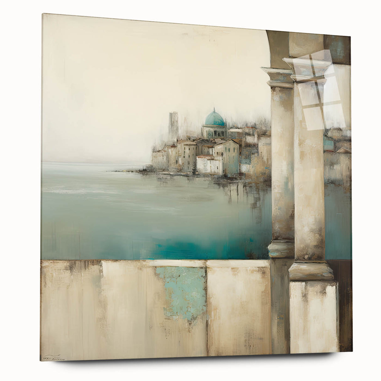 Abstract architecture wall art design printed on acrylic glass, showcasing geometric shapes and vibrant colors in a sleek side view, ideal for modern interiors.