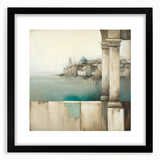 Abstract architectural wall art featuring geometric shapes in muted colors, framed with a sleek black mat for a modern aesthetic. Perfect for contemporary home decor.