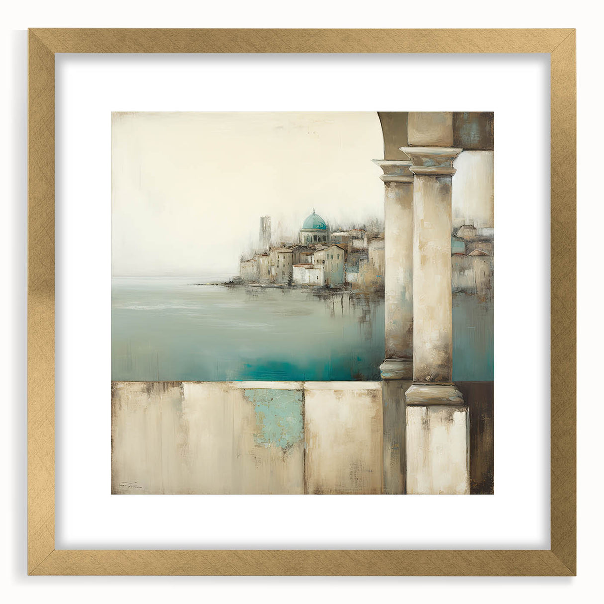 Abstract architecture wall art framed with a gold mat, showcasing geometric shapes and lines in a modern design, perfect for contemporary interior decor.