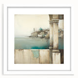 Abstract architectural wall art framed in white, showcasing geometric shapes and rich colors, perfect for modern home decor and artistic interiors.