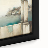 Abstract architecture wall art featuring geometric shapes in a blend of blue, gold, and white colors, presented as a framed canvas for modern decor.