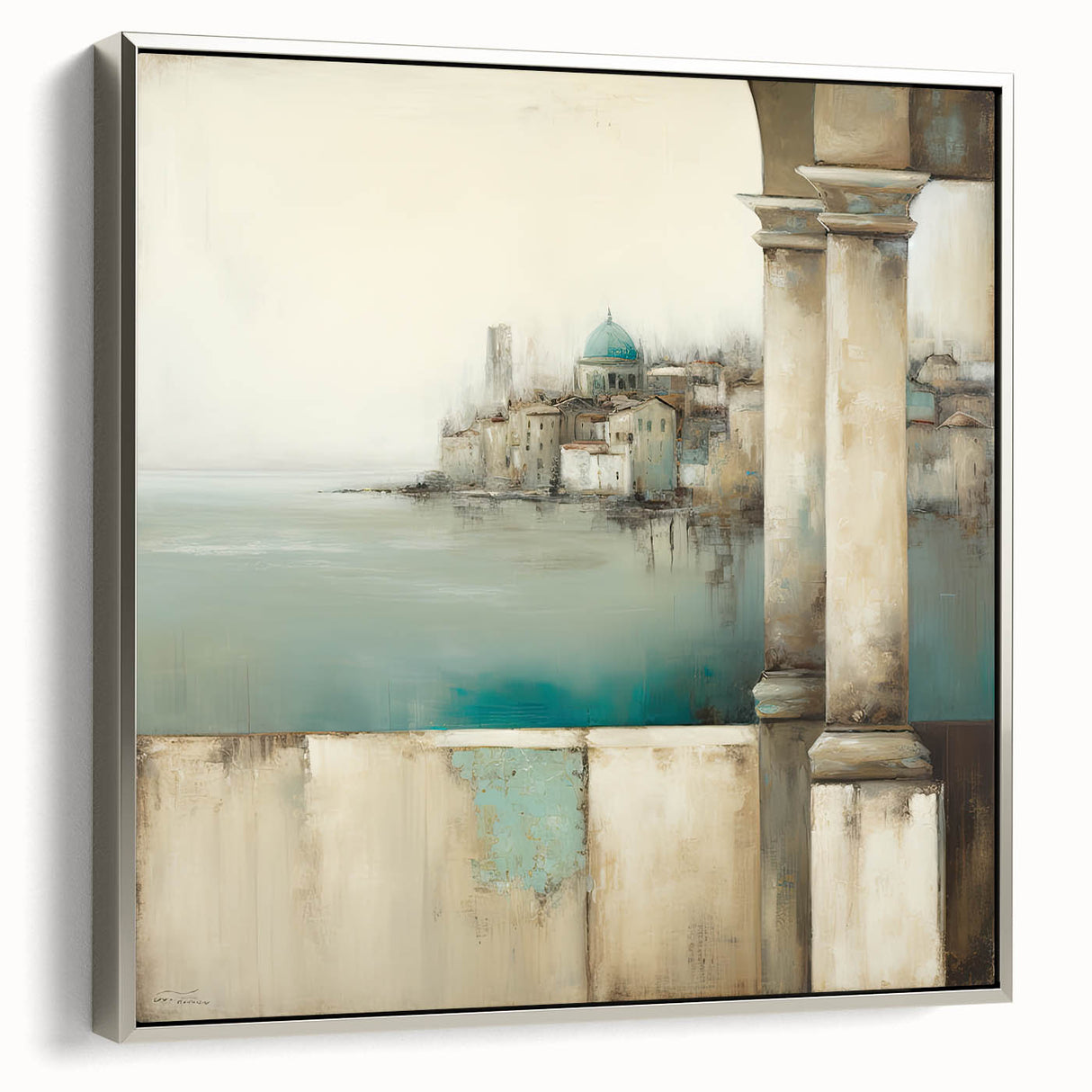 Framed abstract architecture wall art with silver accents, showcasing a modern design that enhances contemporary spaces, viewed from the side.