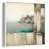 Abstract architecture wall art in a sleek white frame, showcasing geometric shapes and lines, perfect for modern home decor. The canvas features a minimalist design that adds elegance to any room.