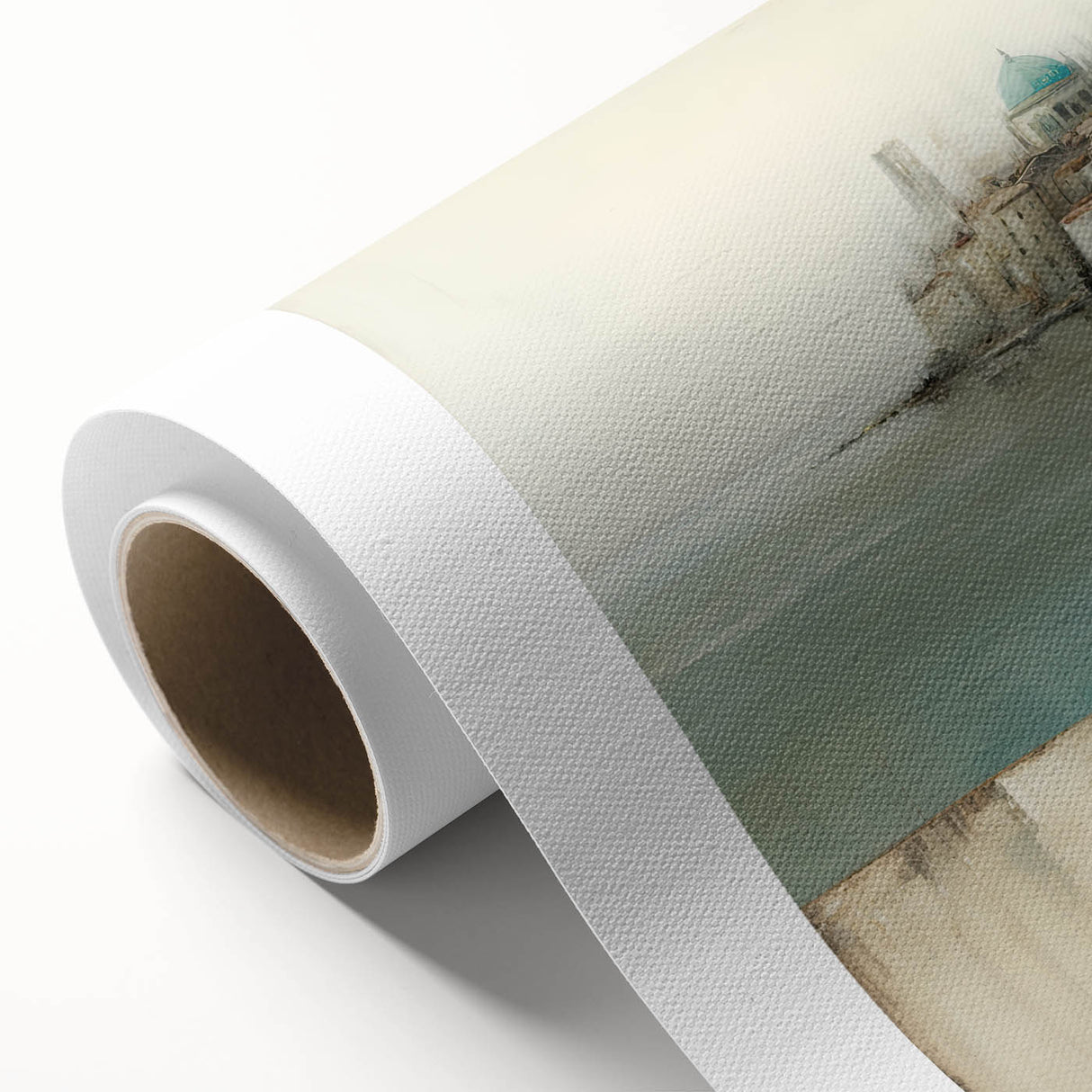 Abstract architectural wall art on rolled canvas featuring bold geometric shapes and a vibrant color palette, ideal for modern home decor. The artwork is elegantly packaged in a protective cardboard tube for safe shipping.