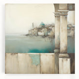 Abstract architectural wall art printed on stretched canvas, showcasing bold geometric shapes and vibrant colors, perfect for modern home decor.