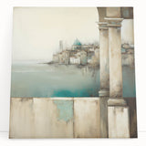 Abstract architectural wall art on stretched canvas, showcasing geometric shapes and vibrant colors, leaning against a neutral wall, ideal for modern decor.