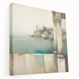 Abstract architectural wall art on stretched canvas showcasing dynamic geometric shapes in vibrant colors, mounted for display in modern interiors, enhancing artistic ambiance.