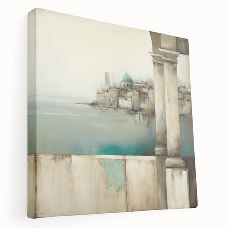 Abstract architectural wall art on stretched canvas showcasing dynamic geometric shapes in vibrant colors, mounted for display in modern interiors, enhancing artistic ambiance.