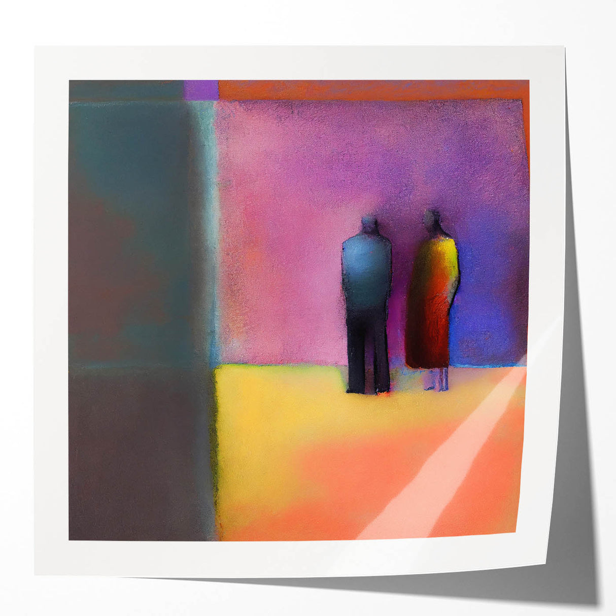 Abstract figurative wall art print showcasing vibrant colors and dynamic shapes, presented in a glossy finish, ideal for modern home decor enhancement.