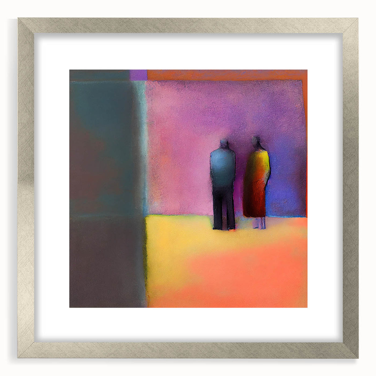 Abstract figurative wall art framed in silver with a mat, showcasing vibrant colors and dynamic shapes, perfect for modern home decor or gallery settings.