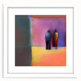 Abstract figurative wall art in a white frame with matting, showcasing vibrant colors and dynamic shapes, ideal for modern home decor and artistic expression.