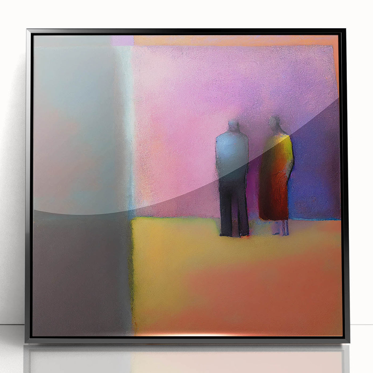 Abstract figurative wall art in a sleek black frame, showcasing vibrant colors and dynamic shapes, perfect for modern home decor. Ideal for enhancing contemporary interiors.