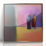 Framed abstract figurative wall art in silver acrylic, showcasing modern design elements with fluid shapes and vibrant colors, ideal for contemporary decor.
