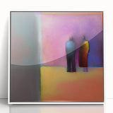 Framed abstract figurative wall art in a sleek white frame, showcasing vibrant colors and dynamic shapes, ideal for modern home decor and artistic appeal.