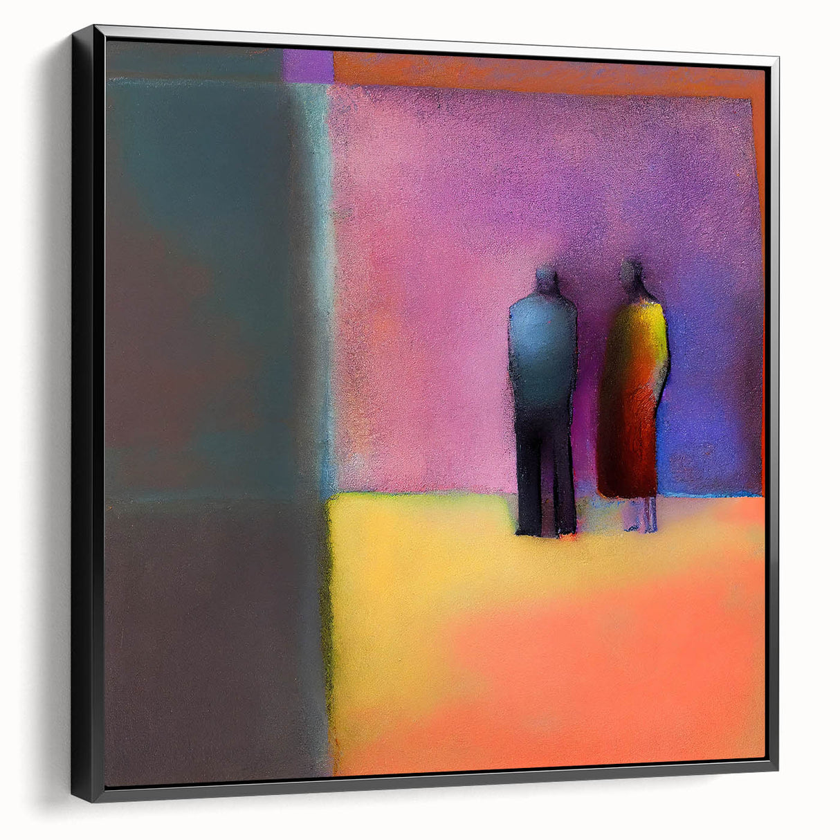 Framed abstract figurative wall art in black, showcasing a modern design with bold lines and shapes, elegantly displayed from a side view to highlight depth.