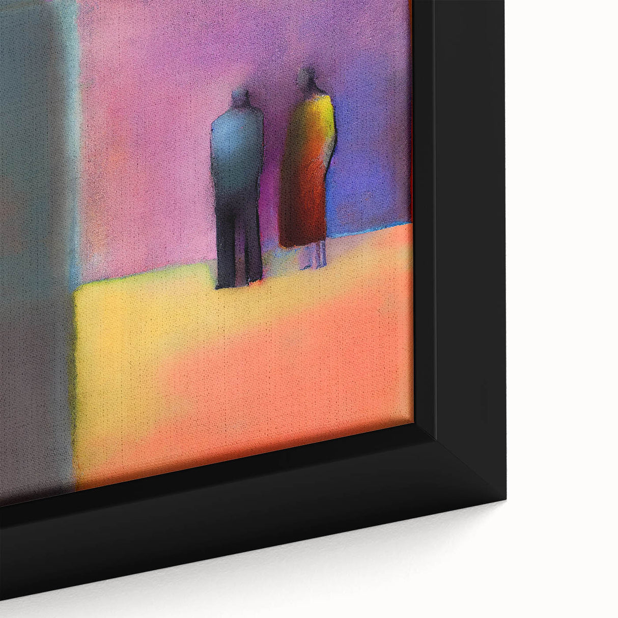 Close-up view of a framed abstract figurative wall art piece showcasing vibrant colors and intricate textures, perfect for modern home decor accents.