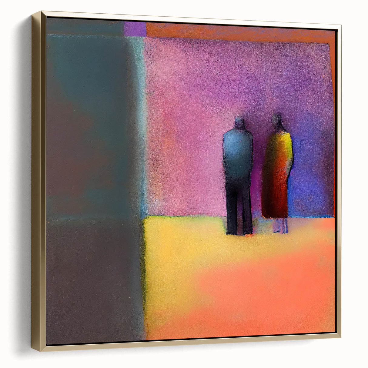 Framed abstract figurative wall art featuring a blend of silver and gold tones, set against a modern backdrop, ideal for contemporary home decor. This elegant piece enhances any room with its stylish and sophisticated design.